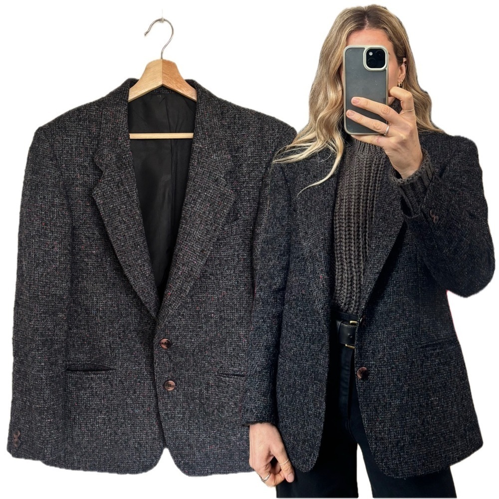 Vintage Wool Blend Black Grey Speckled Confetti Multi Colour Tweed Blazer Jacket